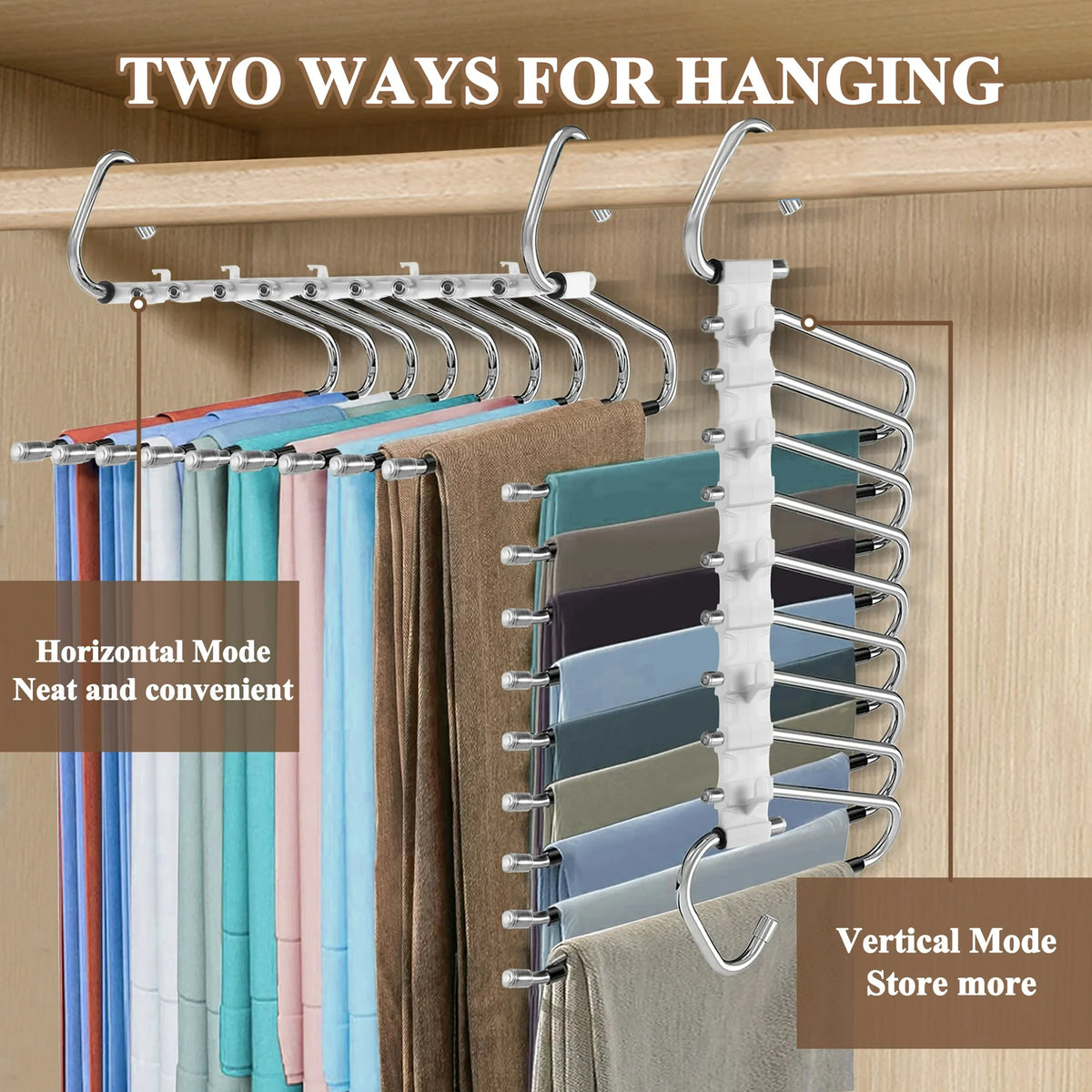 Aovky Pants Hangers Space Saving, 2 Pack Closet Organizer and Storage Clothes Jean Hangers, Multifunctional Pant Hangers Stainless Steel Anti-Slip Pants Rack for Jeans Skirts Scarf Legging Trousers