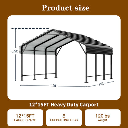 Carpet 12' x 15' Metal Carport, Heavy Duty Carport with Steel Panels for Car,and Frame Metal Carport Upgraded Extra Large Garage