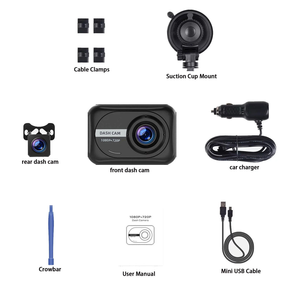 TOGUARD Dash Cam Front and Rear 1080P Full HD Car Camera,2.45 inch Dash Camera with 64GB SD Card, Super Night Vision, Parking Mode, G-Sensor, Loop Recording, WDR