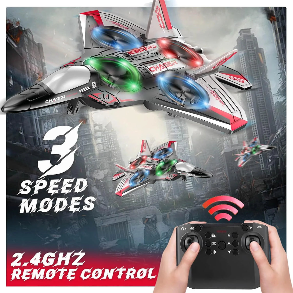 JoyStone Jet Fighter Stunt RC Airplane, 2.4 GHz RC Plane Toy with LED Lights & 360 Spin, Easy to Fly RC Glider for Kids Boys Girls Adults, Red