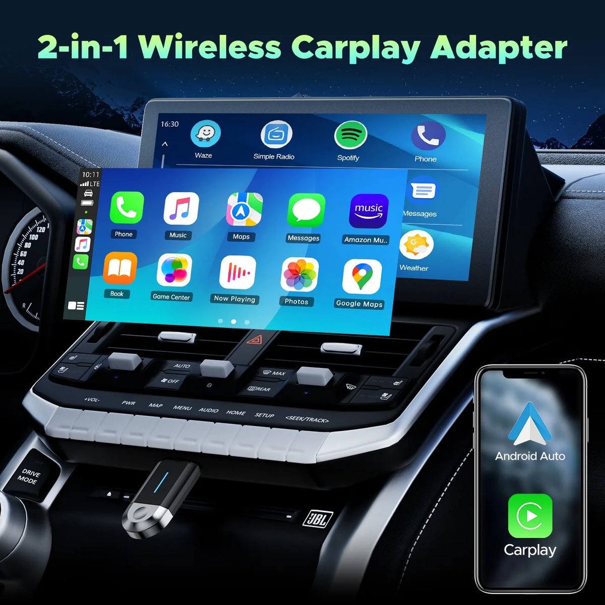 Toguard 2 in 1 Wireless Carplay Adapter for Apple Carplay & Android Auto, Adapter for Converts Wired to for Cars, 5.8GHz WiFi, Plug & Play, iOS 10+ & Android 12+, Bluetooth, Black