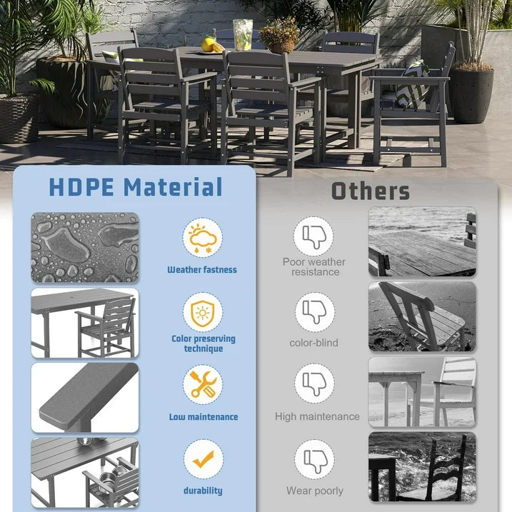 FOOWIN 7PCS Patio Dining Set, HDPE All Weather Outdoor Furniture Set 6 Chairs and 1 Table, Grey