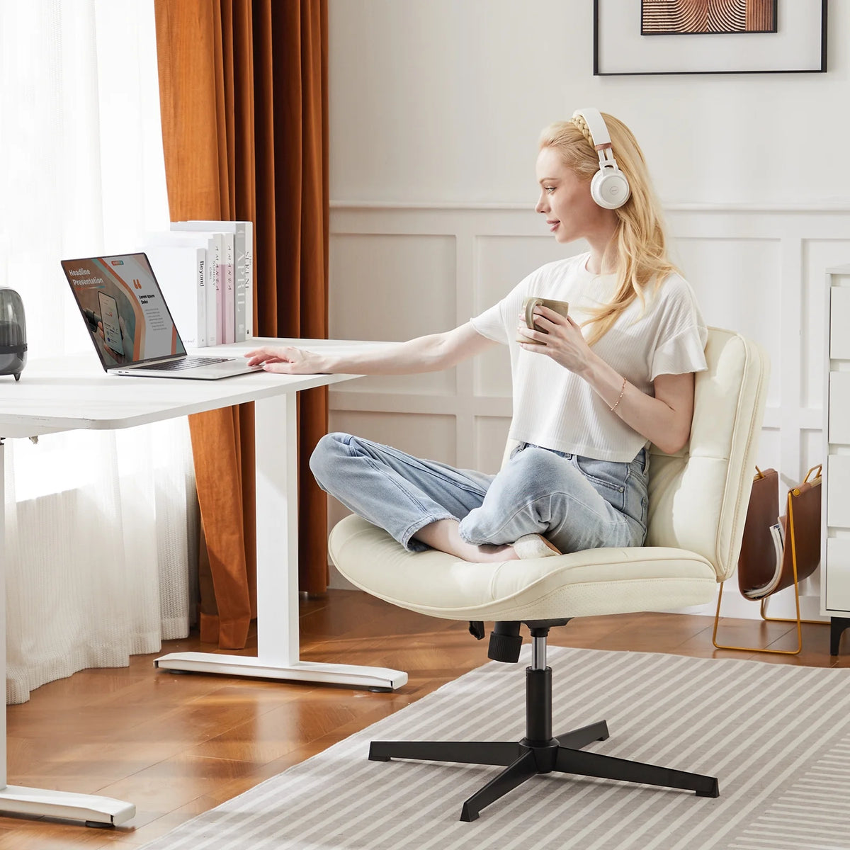 EDX Armless Office Fixed Chair, Wide Ergonomic Artificial Leather Swivel Chair with Height Adjustable, Comfortable Computer Accent Chair for Living or Bed Room, Beige