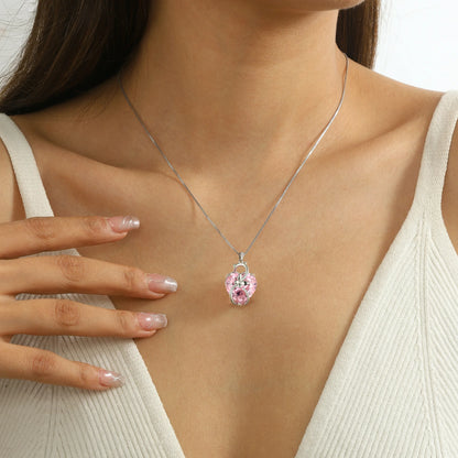 Juwaliy 15MM Women Cat Necklace Heart October Birthstone 925 Sterling Silver Pendant Pink Tourmaline Butterfly Jewelry Mother Gift
