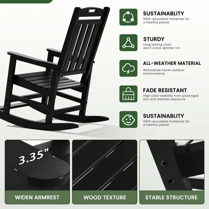 HDPE Outdoor Rocking Chairs , Patio Rocking Chairs with footrest design, Smooth Porch Rocker for Lawn,Porch,Backyard,Indoor and Garden,Black