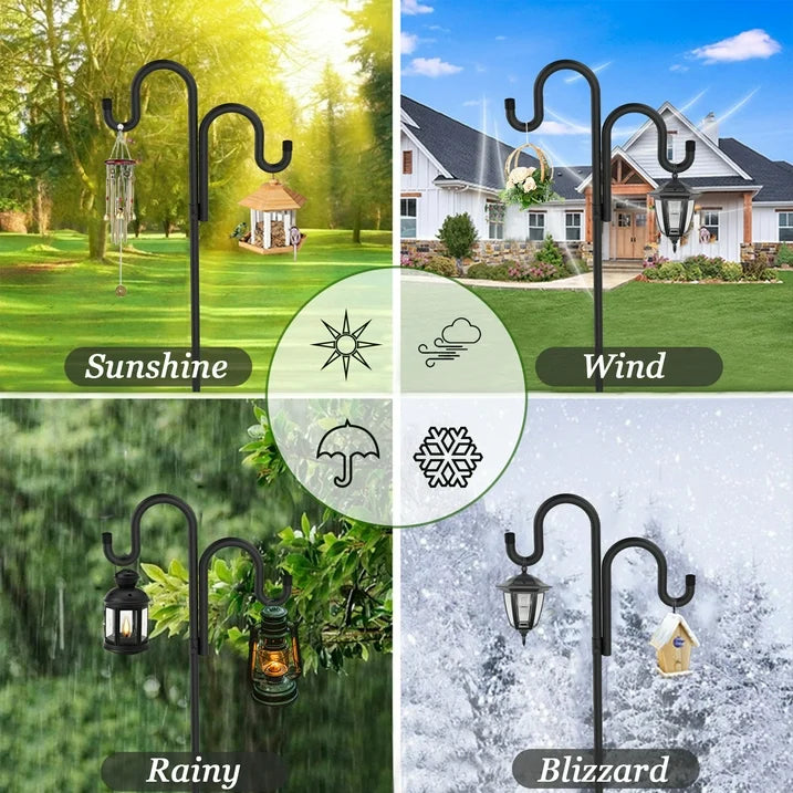 Goobetter Double Shepherds Hooks for Outdoor, Bird Feeder Pole with 5 Prongs Base, Heavy Duty Garden Hook for Lantern, Wind Chime and Hummingbird Feeder, 45 Inch, 1 Pack