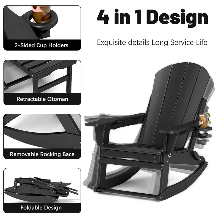 FOOWIN HDPE Plastic Rocking Adirondack Chair Set of 2, Folding Rocking Chairs for Patio Porch Rocker Chair, Black