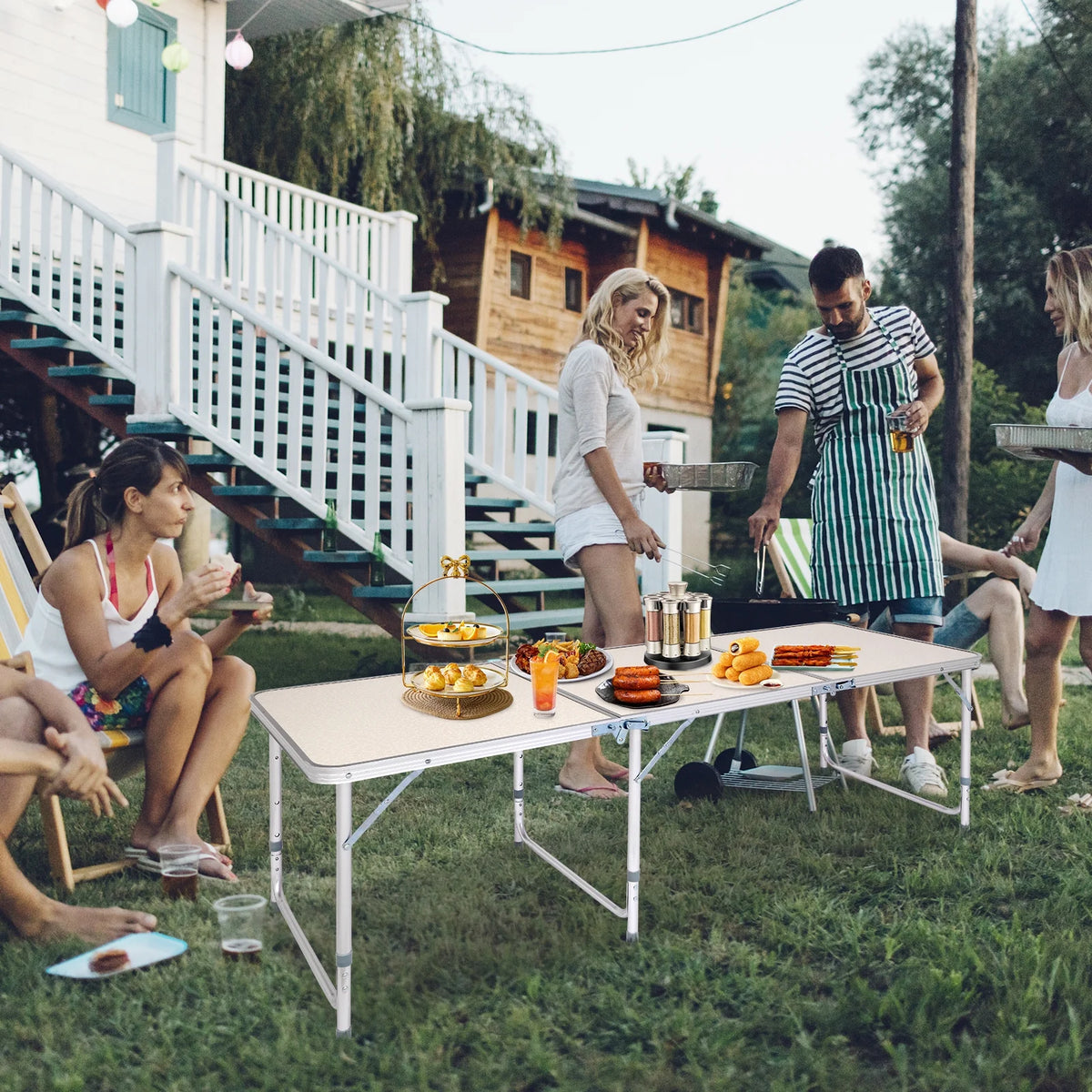 Ktaxon 6' Outdoor Portable Aluminum Camping Picnic Table, 3-Level Adjustable Height Metal Folding Dining Table, Use for Camping Party Wedding Garden Commercial Entertaining Events, White