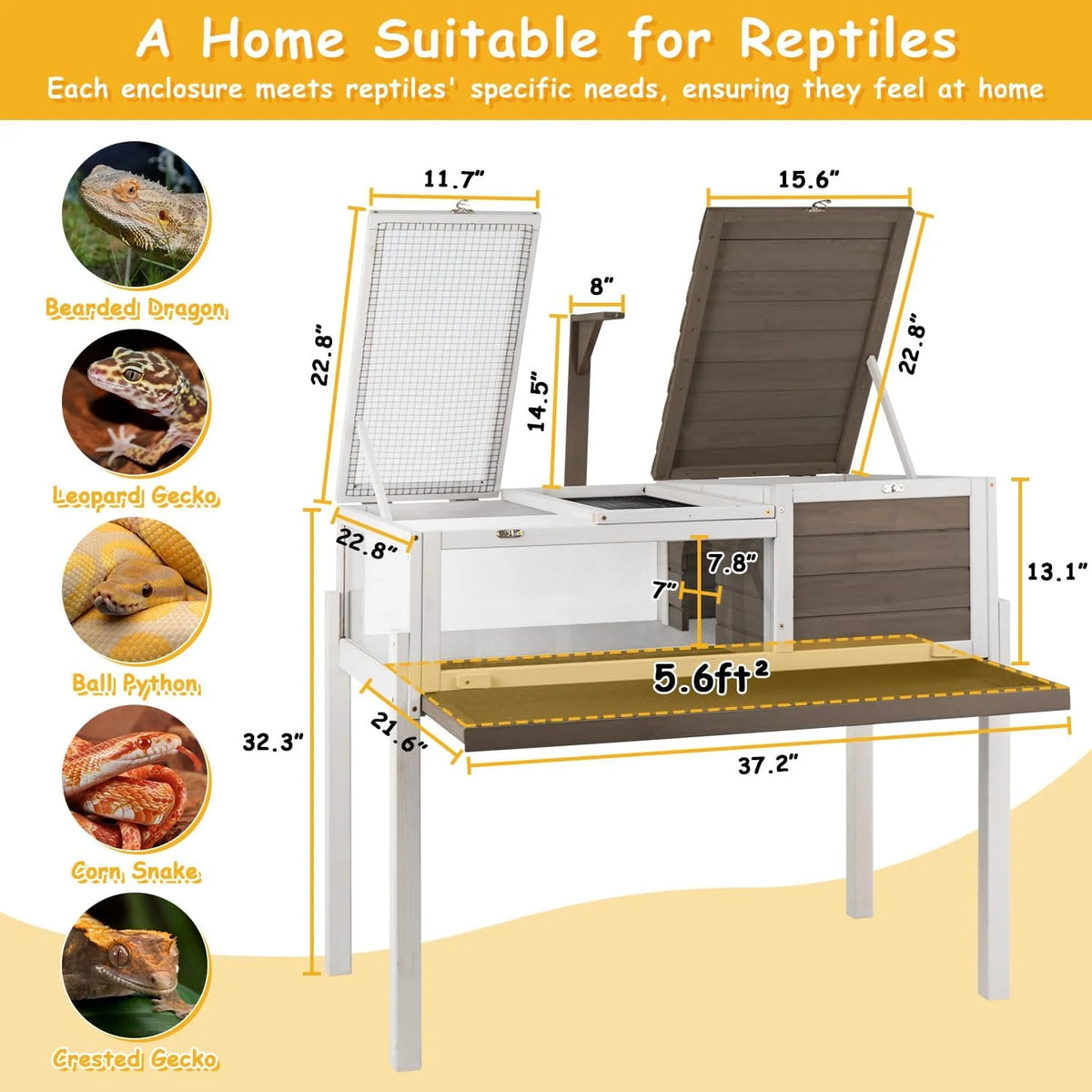 PETSCOSSET Tortoise Habitat Turtle Enclosure with Detachable Legs, Wooden Indoor Reptile Cage for Small Animals with Leakproof Tray