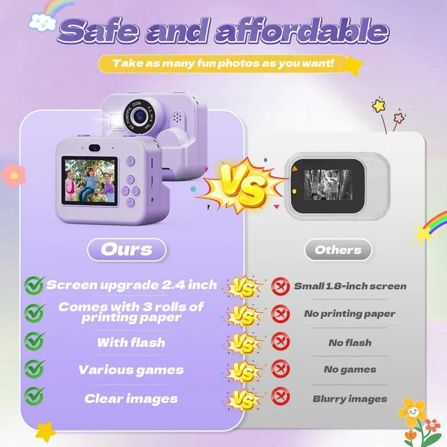 JoyStone Kids Camera Instant Print with Printing Paper and 32G TF Card, Selfie Camera with Color Pens, Cute Photo Album and Stickers, Gift for Kids Aged 3-12, Purple