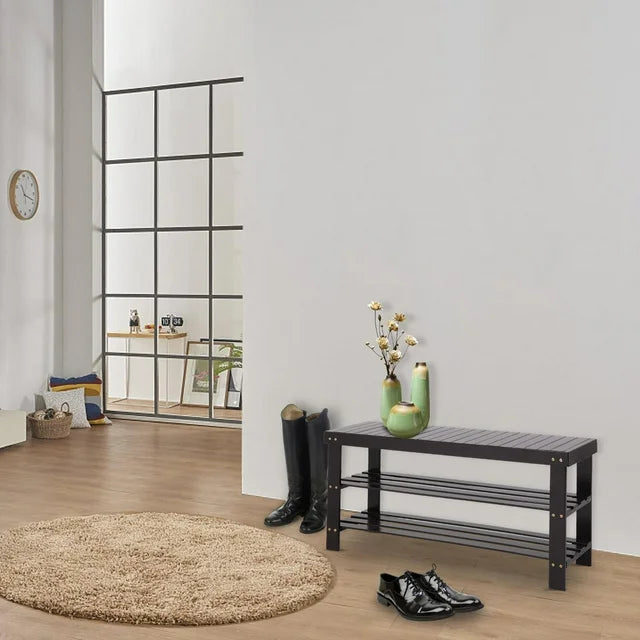 Zimtown 36" 3 Tier Solid Bamboo Shoe Bench Storage Racks Seat Organizer for Entryway Hallway Kids, Coffee