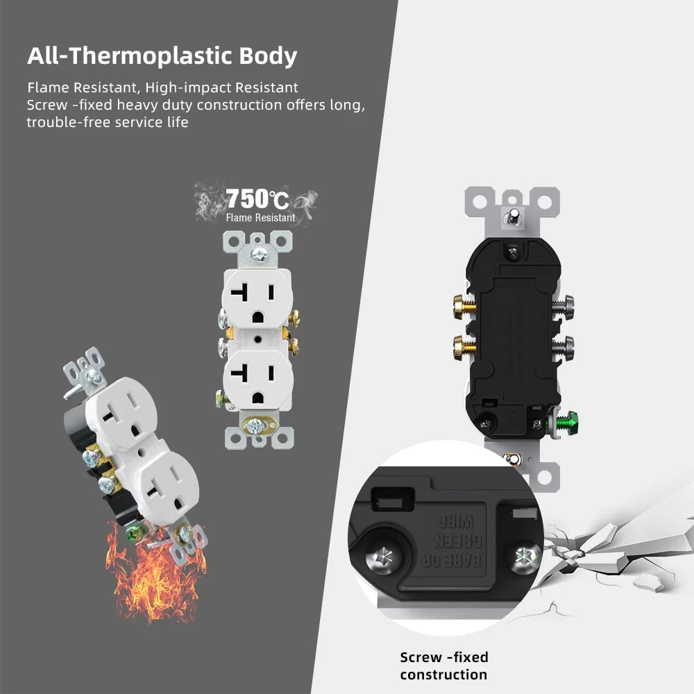 ELEGRP 20A 125V Duplex Receptacle, 2 Pole 3 Wire Standard Electrical Wall Outlet, 5-20R, Self-Grounding, side wire, UL Glossy White, 10 Pack
