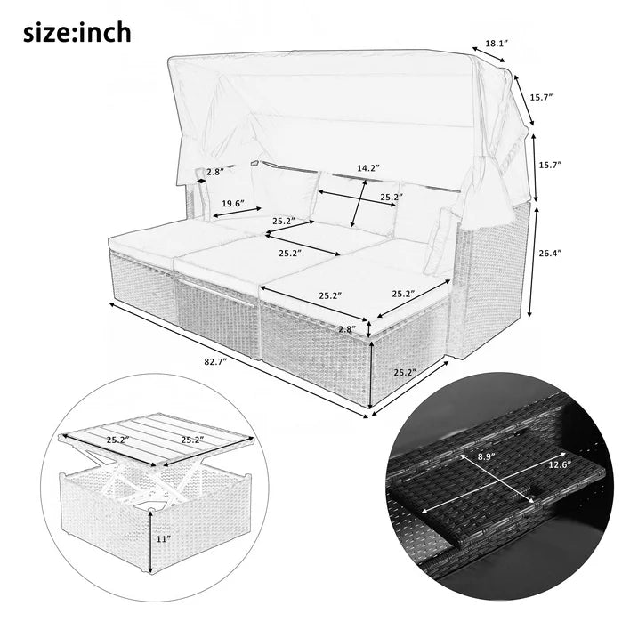 4 Piece Outdoor Daybed, PE Rattan Patio Daybed, Patio Sofa Set with Retractable Canopy, Cushions and Lifting Table, Patio Bed Furniture for Garden, Backyard, Gray