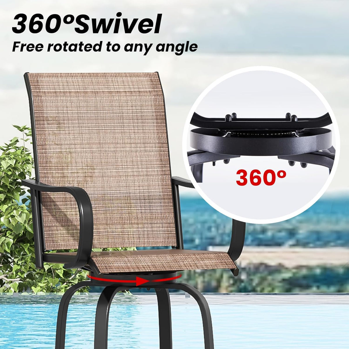 Farini Outdoor Bar Stools Set of 4, 360°Swivel Patio Barstools with Textile Fabric,Ergonomic Comfort Bar Height Tall Outdoor Stools for Balcony,Brown