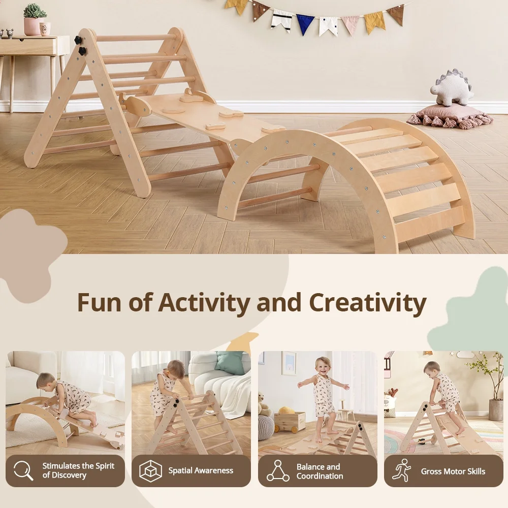Pikler Triangle Set, RongTrading Montessori Climbing Set, Wooden Climbing Toys, with Arch, Ramp, Ladder, Tent and Cushion, Indoor Jungle Gym for Toddlers 0.5-6 Years Old