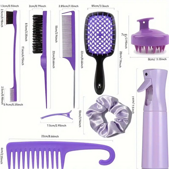 12pcs/Set Hair Styling Comb Set, Detangling Hair Brush For All Hair Types, Detangler Brush Teasing Hair Brush Rat Tail Comb Edge Brush, Silicone Scalp Massager Shampoo Brush For Shower Black