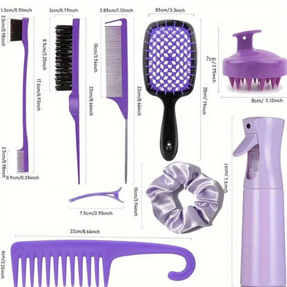 12pcs/Set Hair Styling Comb Set, Detangling Hair Brush For All Hair Types, Detangler Brush Teasing Hair Brush Rat Tail Comb Edge Brush, Silicone Scalp Massager Shampoo Brush For Shower Black