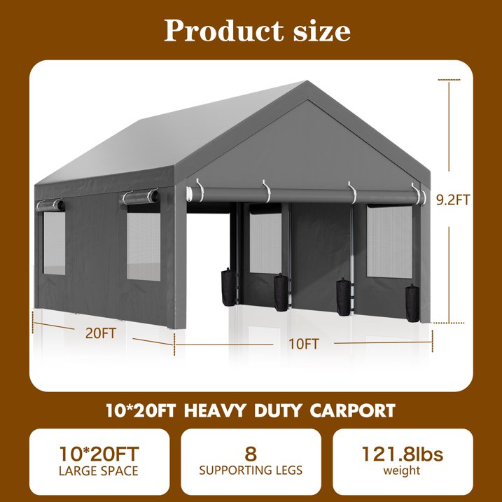 Carpet Carport 10'x20' Large Heavy Duty Car Tent with Powder-Coated Steel Frame, Portable Garage with Removable Sidewalls & Doors Car Canopy, Gray