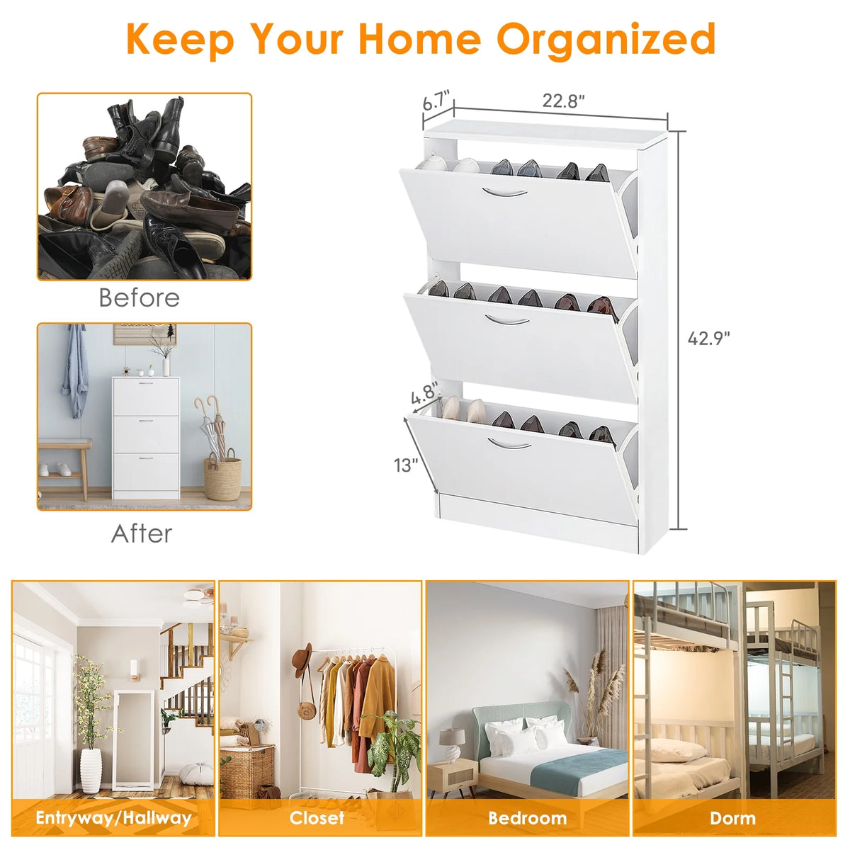 Ktaxon 3 Drawers Wooden Shoe Cabinet, Entryway Shoe Storage Cabinet Shoe Rack Organizer for Hallway Bedroom Closet Living Room Home Apartment, White