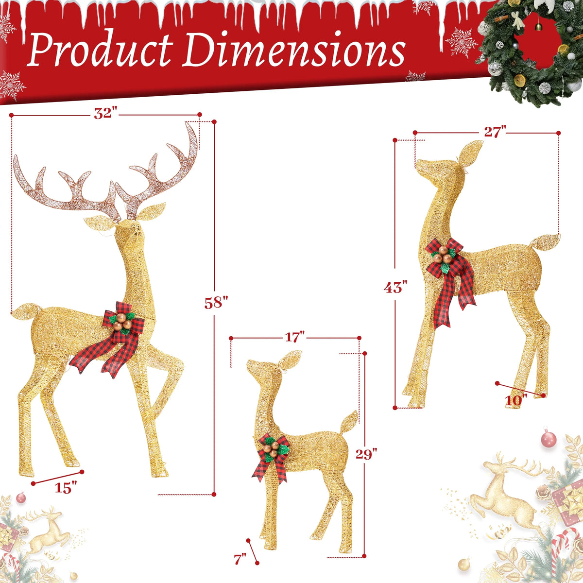 FOOWIN 3 Piece Large Christmas Deer Family, Lighted Outdoor Decoration, Gold