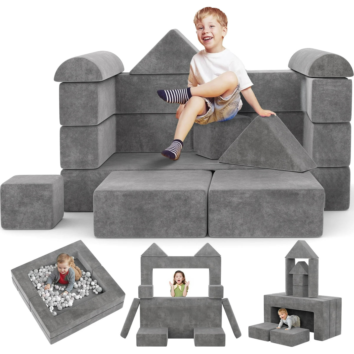 iYofe Kids Couch Sofa 12PCS, Convertible Nugget Kids Couch Chair to Recliner, DIY Creative Modular Kids Play Couch, Kid Floor Couch for Playroom, Gray