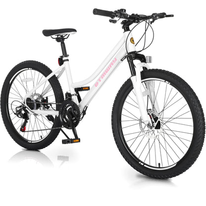 iYofe Kids Mountain Bikes, 24 inch Girls Bikes with Dual Disc Brake, 21 Speed Mountain Bike w/ Front Spring Shock, Bike for Girls Youth Teen Women Ages 9-14, Bicycle with Adjutable Seat Height, White