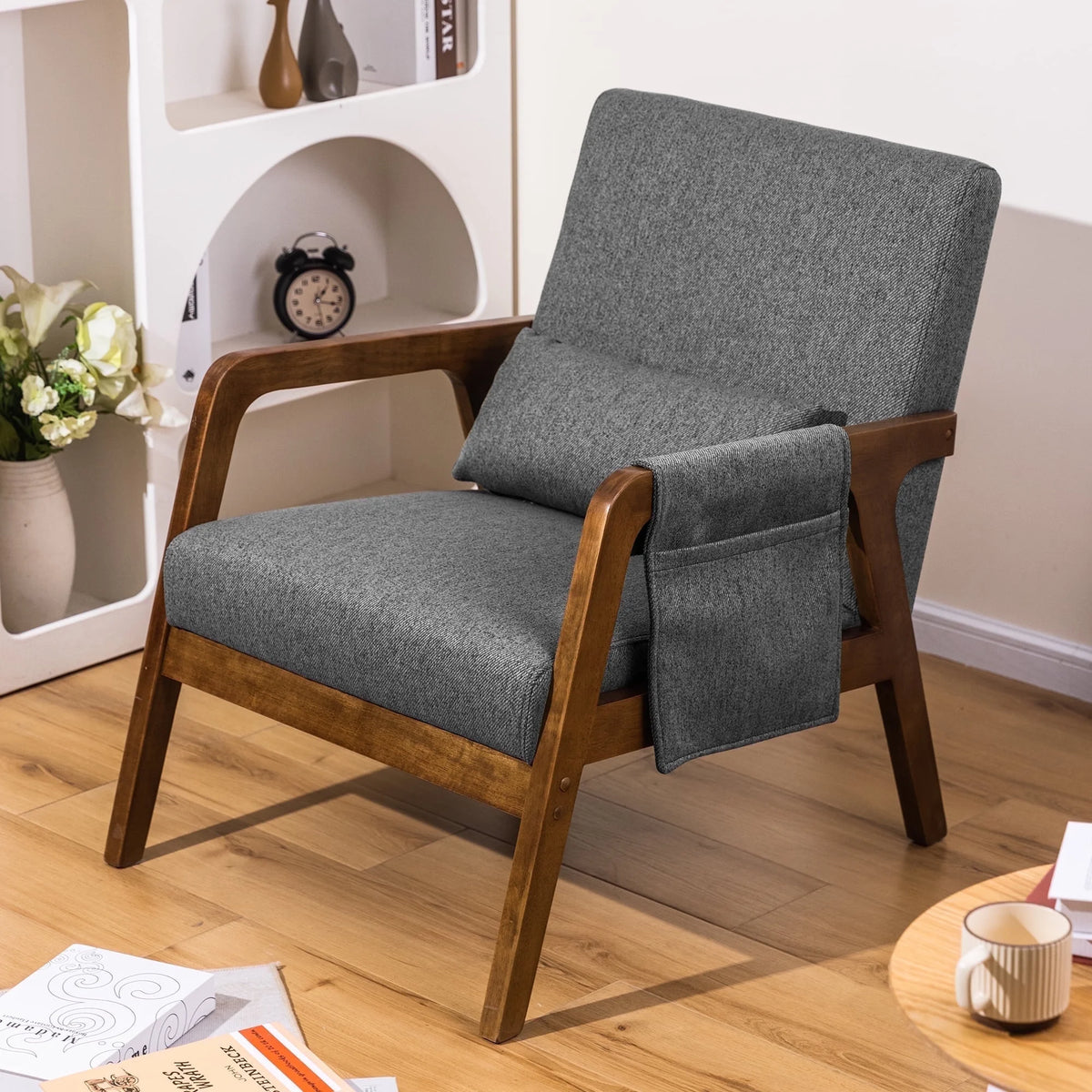 spanspace Accent Chair Mid-Century Modern Chair with Side Pocket, Lounge Armchair with Lumbar Pillow & Solid Wood Frame for Living Room Balcony Bedroom, Grey