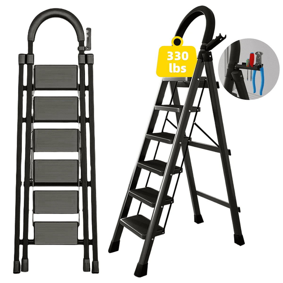stusgo 6 Step Steel Ladder Folding Step Stool with Tool Holder for Easy Use-Black
