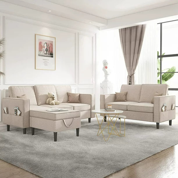 Mjkone Convertible Sectional Sofa Couch with Storage Ottoman, 3 Pcs Couch Set with Storage Pockets, Sectional Couches for Living Room, 3-Seater + Ottoman + 1-Loveseat (Beige)