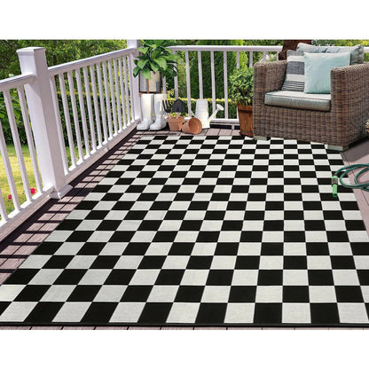 GOTGELIF 9x12 Outdoor Rug Plasti Straw Rug Black and White Rug Waterproof Area Rugs Reversible Patio Rug for RV,Patio,Backyard,Deck,Picnic,Beach