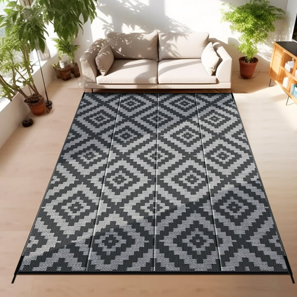 GOTGELIF Outdoor Rug 6x9 Waterproof Outdoor Area Rug Reversible Portable Outdoor Plastic Straw Rug Indoor Outdoor Carpet for Garden Porch RV Camping Mat Grey Black