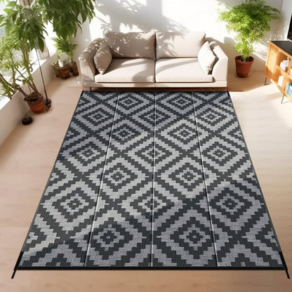 GOTGELIF Outdoor Rug 6x9 Waterproof Outdoor Area Rug Reversible Portable Outdoor Plastic Straw Rug Indoor Outdoor Carpet for Garden Porch RV Camping Mat Grey Black
