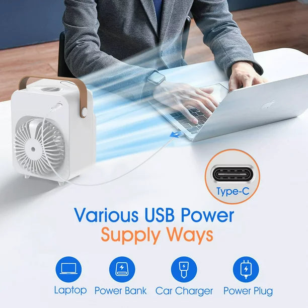 iFanze Portable Air Conditioner, Rechargeable Personal Cordless Air Cooler Quiet Desk Fan with 3 Speeds Small Air Conditioner Fan Mini Evaporative Cooler for Small Room Office Dorm and Outdoor (White)