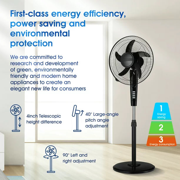 Melliful 16" Pedestal Fan with 3-Speeds, Oscillating Fan with Adjustable Height and Tilt, Standing Fan for Bedroom Home Office, Black