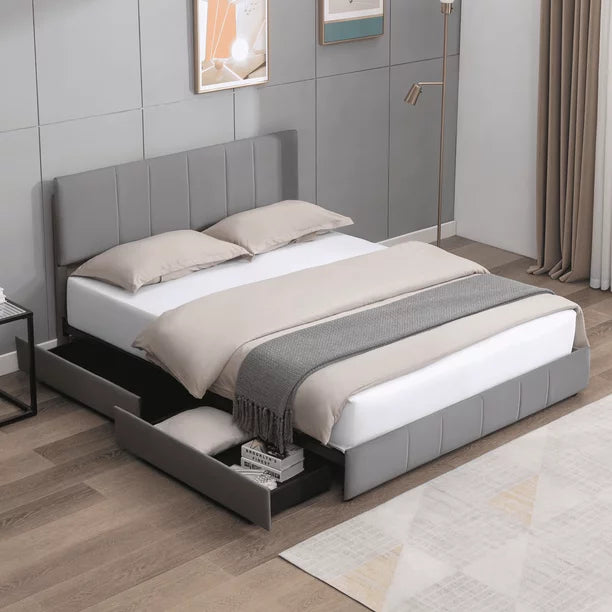 Mixoy Modern King Size Platform Bed Frame with 4 Large Storage Drawers and Adjustble Headboard, Wooden Frame , Dark Gray Dutch Velvet Fabric