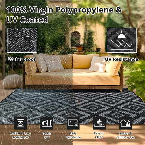 GOTGELIF Outdoor Rug 6x9 Waterproof Outdoor Area Rug Reversible Portable Outdoor Plastic Straw Rug Indoor Outdoor Carpet for Garden Porch RV Camping Mat Grey Black