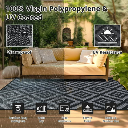 GOTGELIF Outdoor Rug 6x9 Waterproof Outdoor Area Rug Reversible Portable Outdoor Plastic Straw Rug Indoor Outdoor Carpet for Garden Porch RV Camping Mat Grey Black