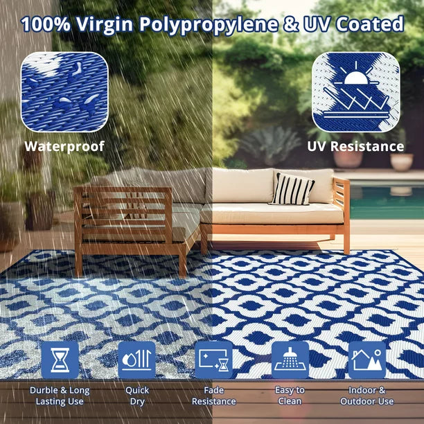 GOTGELIF 9x18 Outdoor Rug Waterproof Area Rugs Reversible Patio Rug Portable Rug with 4 Ground Nails for RV,Patio,Backyard,Deck,Picnic,Beach