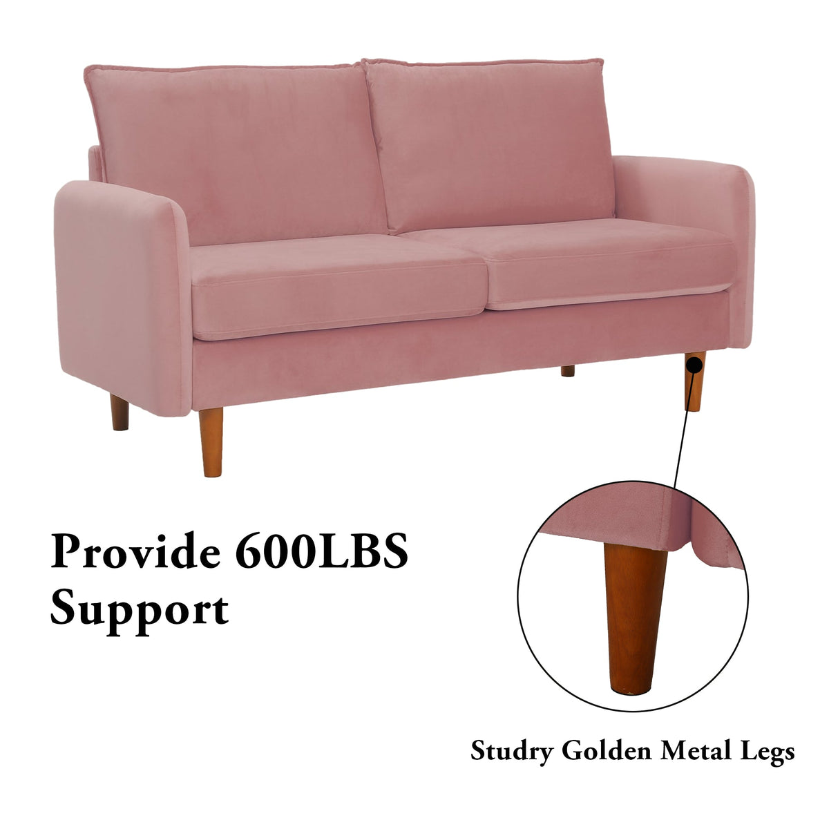 Kowilk Velvet Loveseat Sofa, 69'' Mid Century Modern Small Love Seats Furniture Comfy Couch for Living Room, Upholstered 2 Seater Sofa for Small Apartment（Pink）