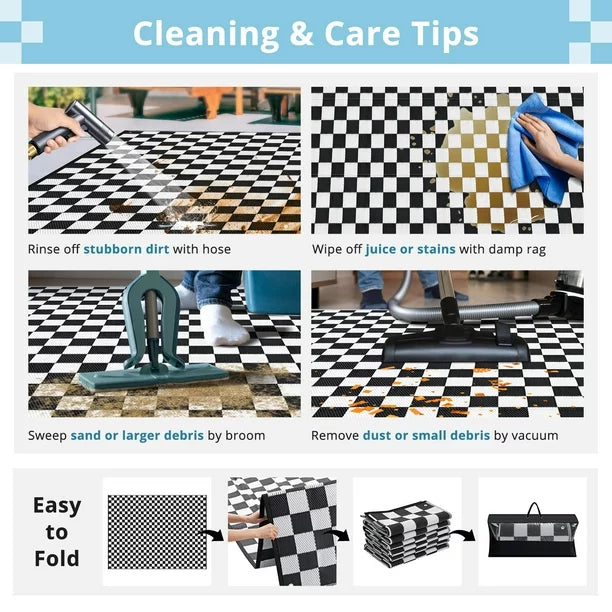 GOTGELIF 9x12 Outdoor Rug Plasti Straw Rug Black and White Rug Waterproof Area Rugs Reversible Patio Rug for RV,Patio,Backyard,Deck,Picnic,Beach