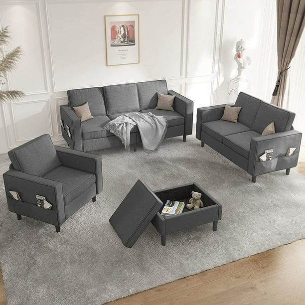 Mjkone Convertible Sectional Sofa Couch with Storage Ottoman, Sectional Couches for Living Room, 3 Pcs Couch Set for Living Room with Storage Pockets, 3-Seater +Ottoman +1-Loveseat +1-Seater