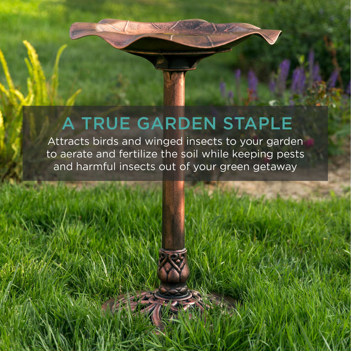 Lily Leaf Pedestal Bird Bath Decoration Accent w/ Floral Accents