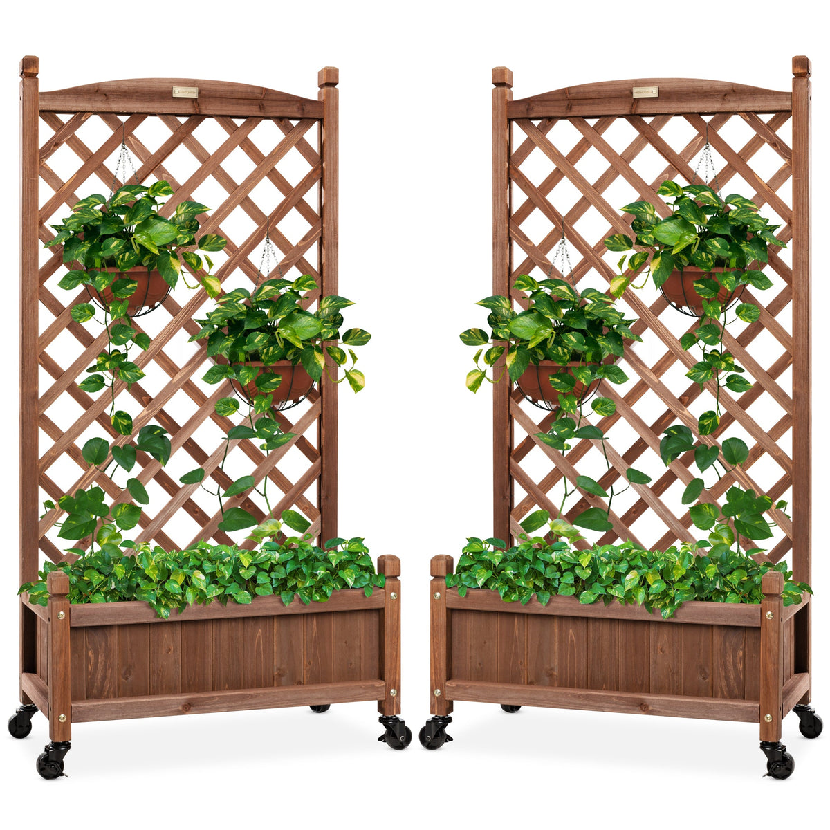 Set of 2 Wood Planter Box & Lattice Trellis w/ Optional Wheels - 48in