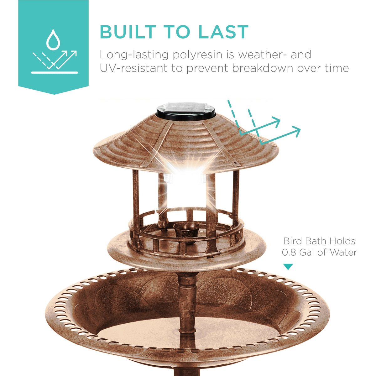Solar Lighted Outdoor Pedestal Bird Bath w/ Planter, Decorative Bird Cage